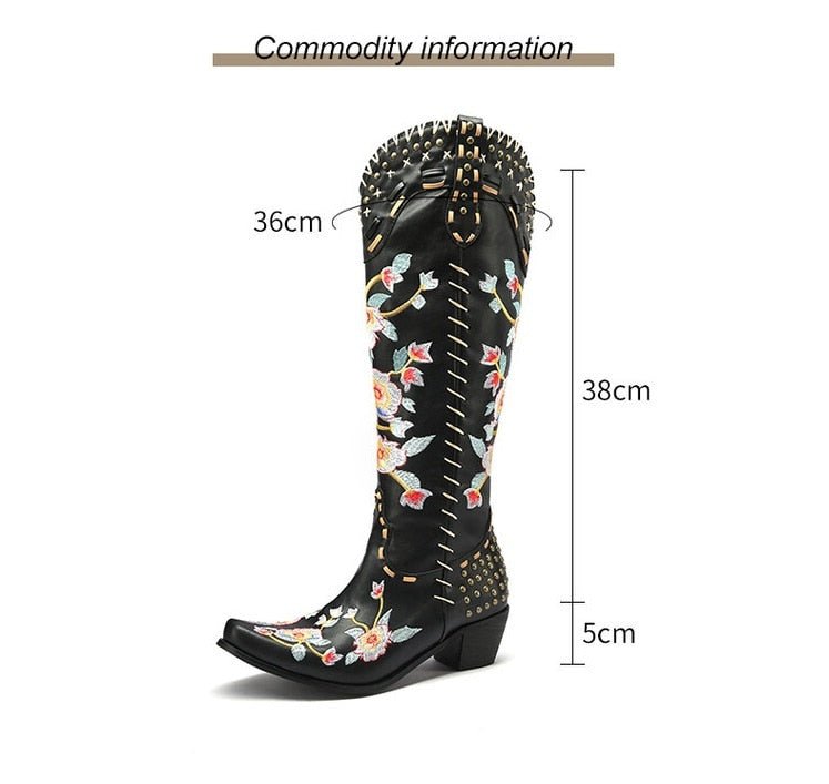 Embroidered Metal Studs Color block Women's Knee Boots - LiveTrendsX