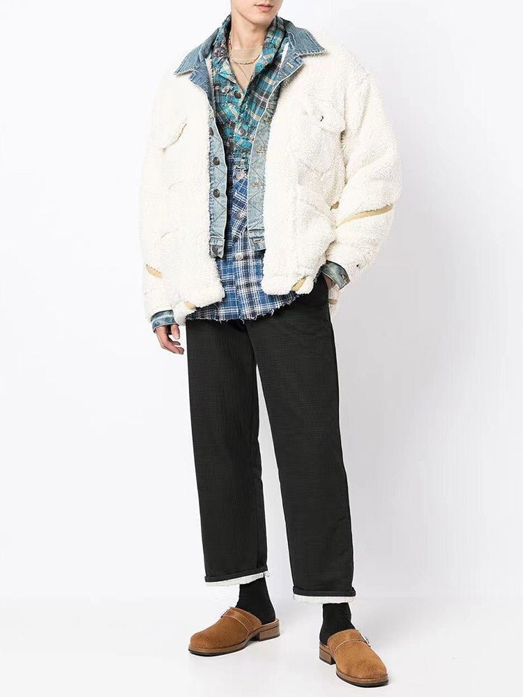 Embroidered Silhouette Long Sleeve Loose Warm Lamb Coats Men's Jackets - LiveTrendsX