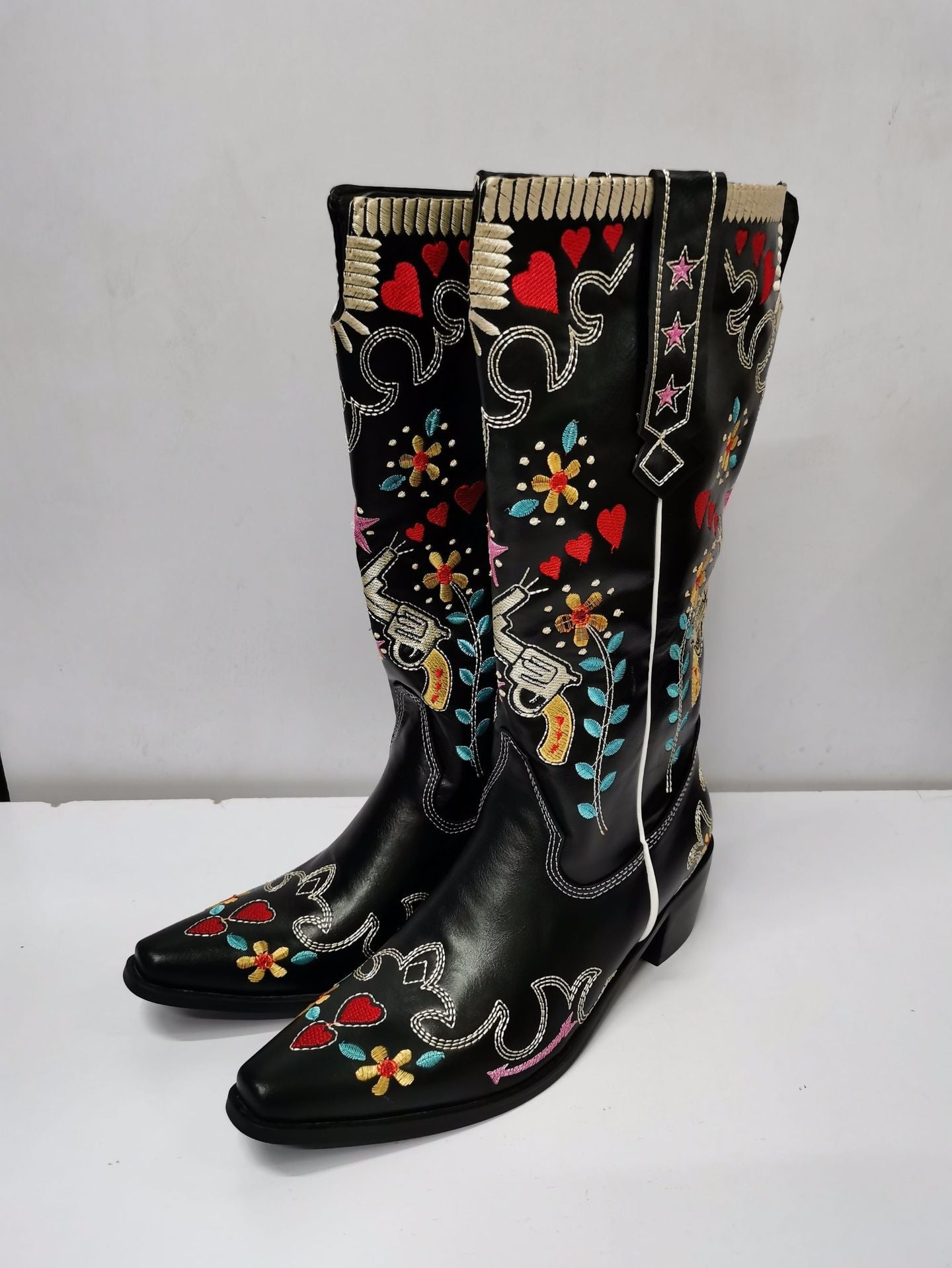 Embroidery Floral Mid Calf Boots For Women Slip On Casual Shoes - LiveTrendsX