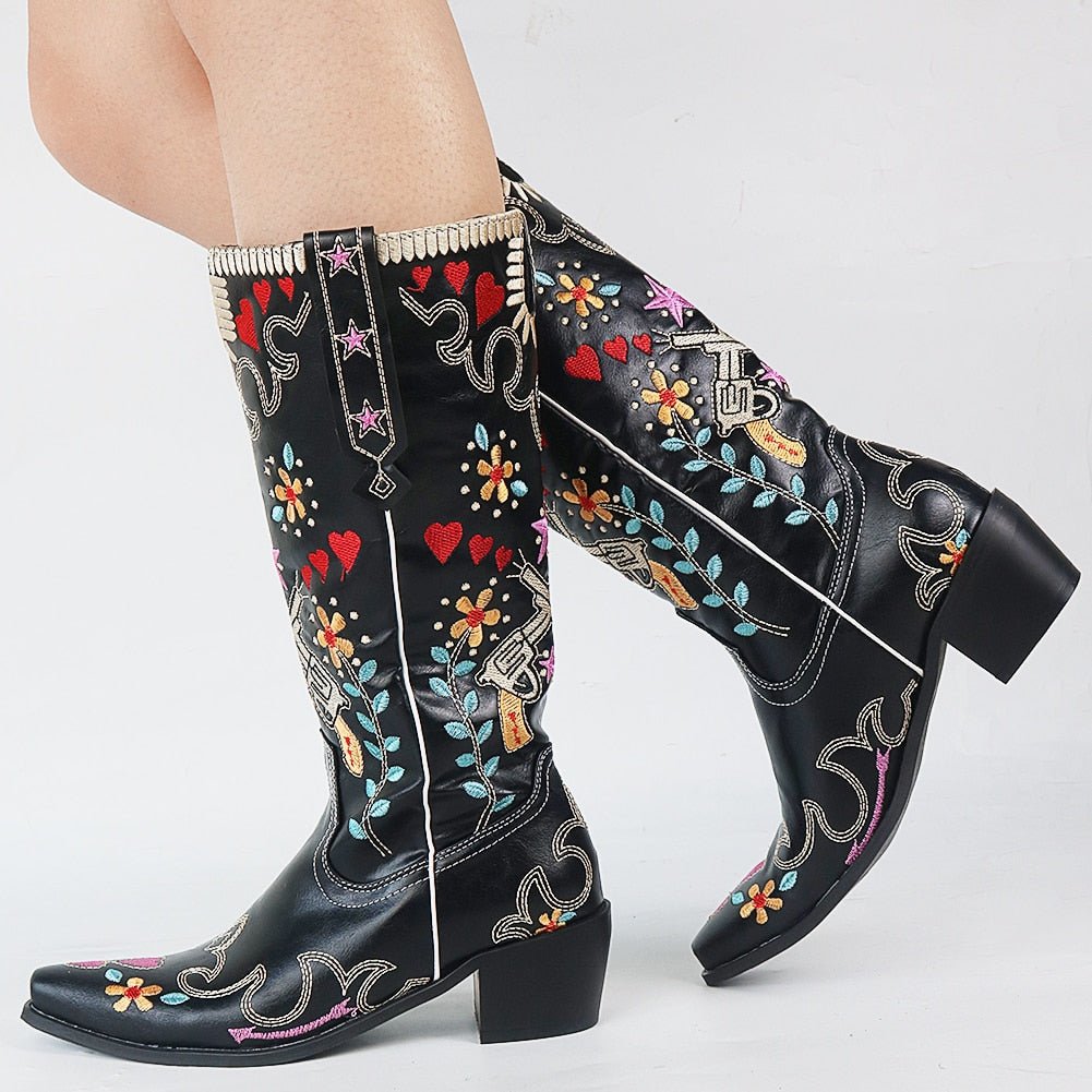 Embroidery Floral Mid Calf Boots For Women Slip On Casual Shoes - LiveTrendsX