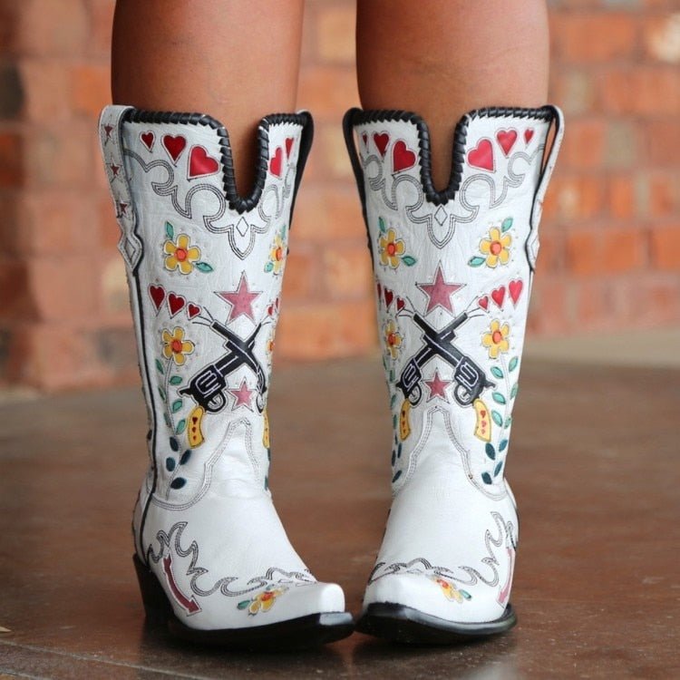 Embroidery Floral Mid Calf Boots For Women Slip On Casual Shoes - LiveTrendsX