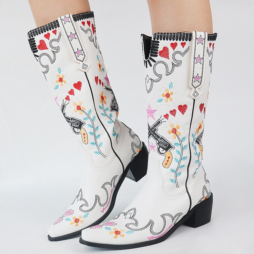 Embroidery Floral Mid Calf Boots For Women Slip On Casual Shoes - LiveTrendsX