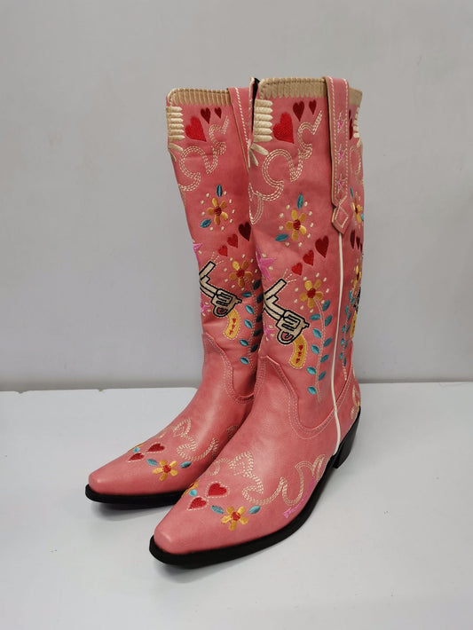 Embroidery Floral Mid Calf Boots For Women Slip On Casual Shoes - LiveTrendsX