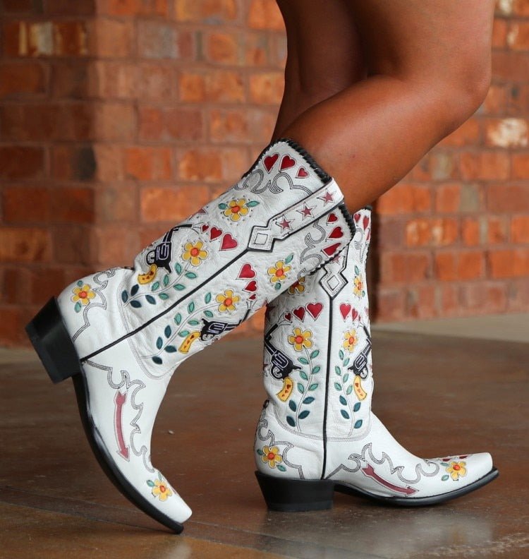 Embroidery Floral Mid Calf Boots For Women Slip On Casual Shoes - LiveTrendsX