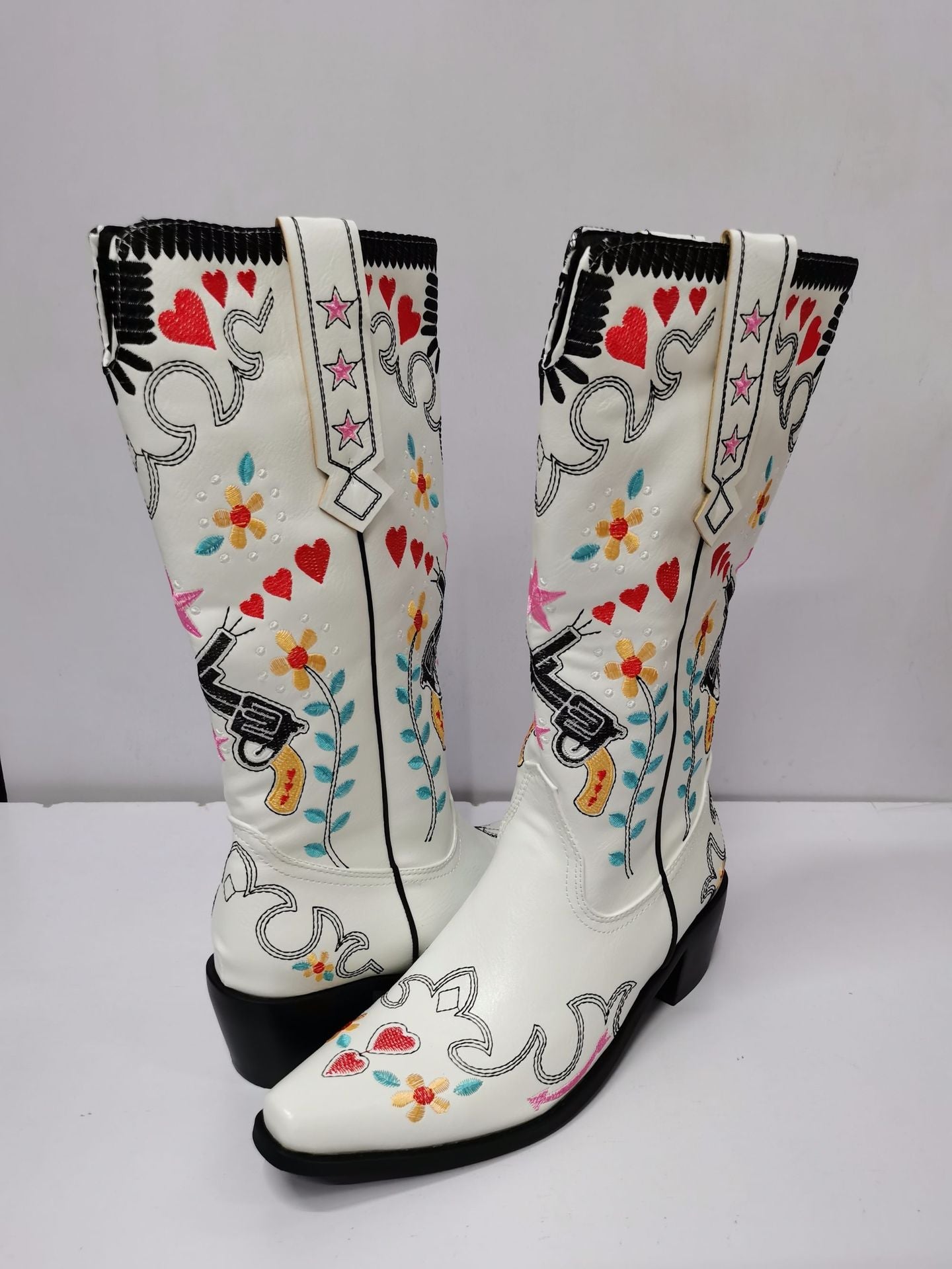 Embroidery Floral Mid Calf Boots For Women Slip On Casual Shoes - LiveTrendsX