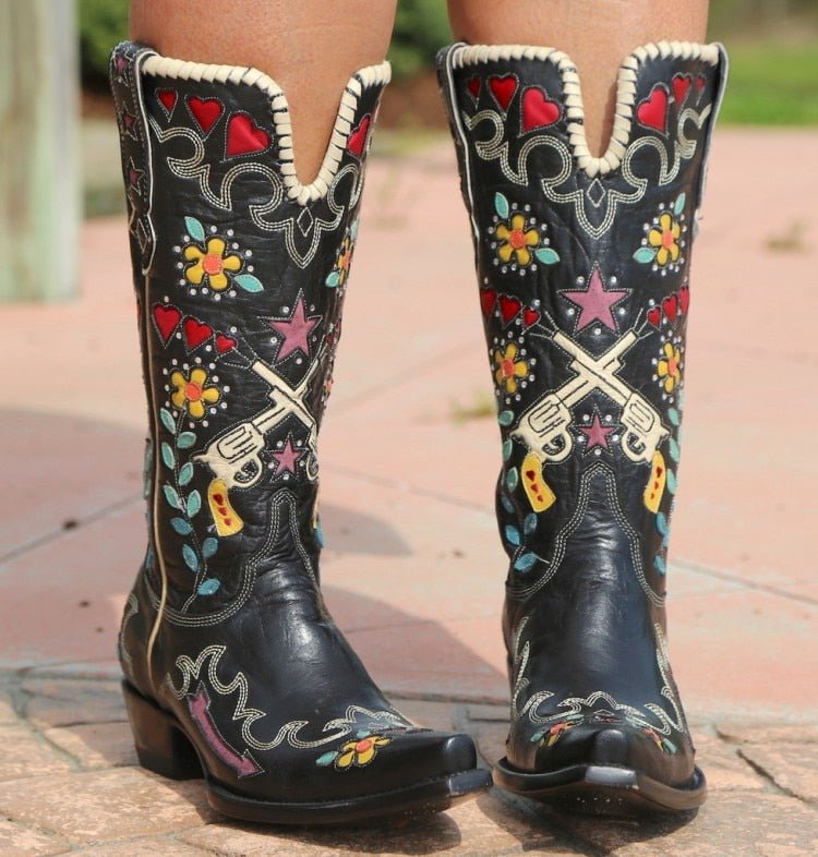 Embroidery Floral Mid Calf Boots For Women Slip On Casual Shoes - LiveTrendsX