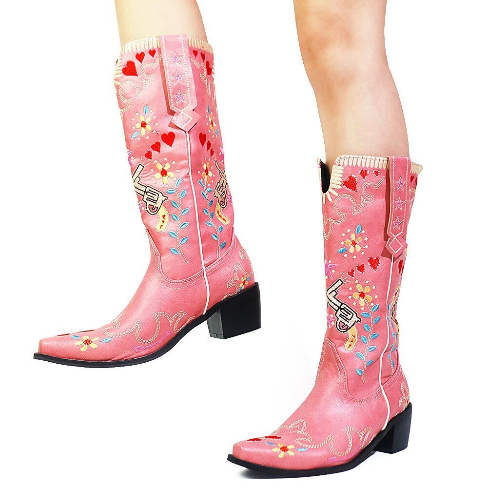 Embroidery Floral Mid Calf Boots For Women Slip On Casual Shoes - LiveTrendsX