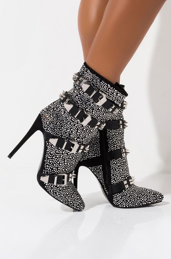 Fashion Crystal Stud Buckle Motorcycle Ankle Boots - LiveTrendsX