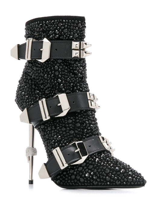 Fashion Crystal Stud Buckle Motorcycle Ankle Boots - LiveTrendsX