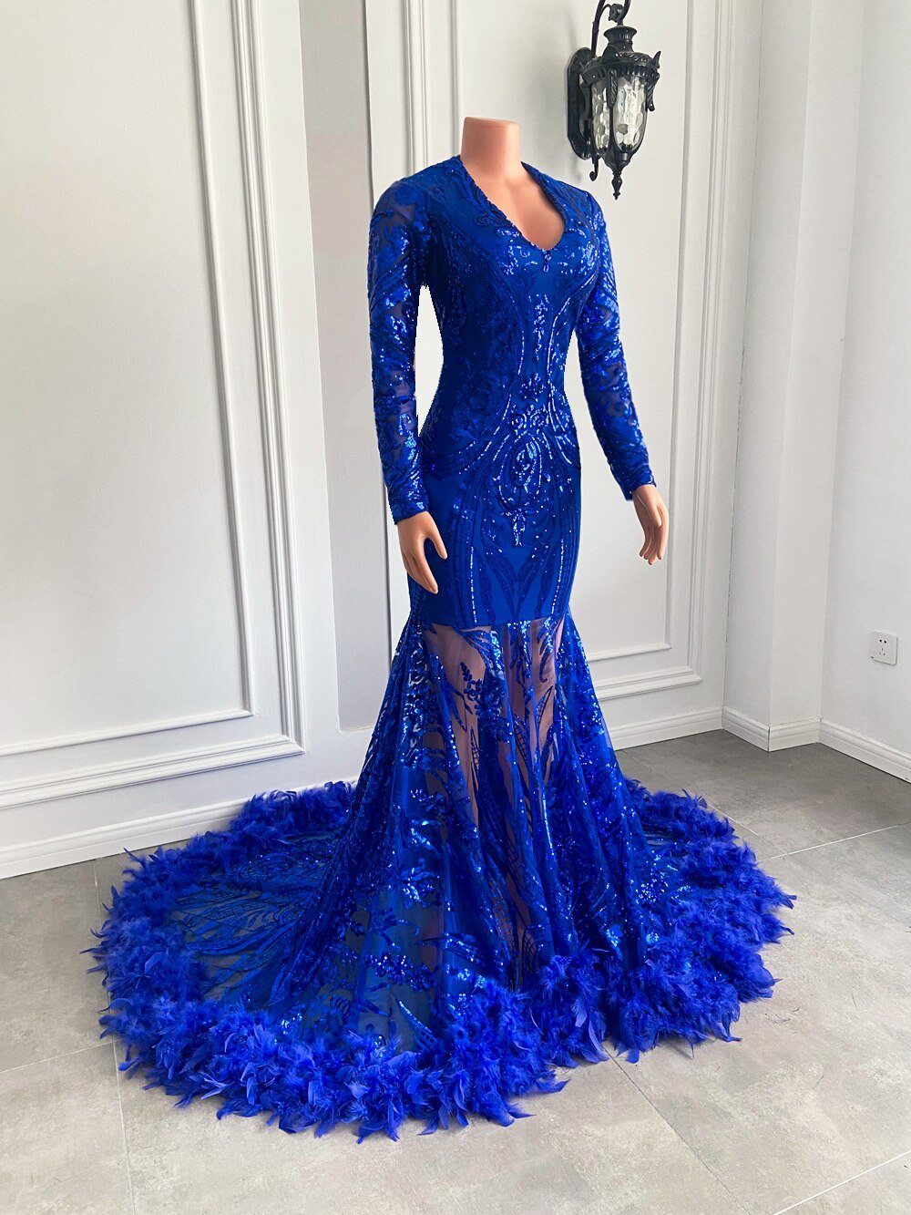 Feather Royal Blue Sequined Feather Prom Gala Party Gowns - LiveTrendsX