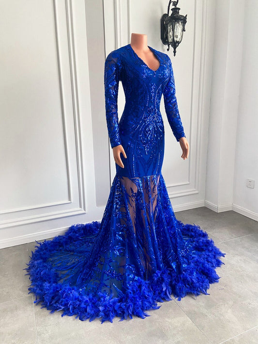Feather Royal Blue Sequined Feather Prom Gala Party Gowns - LiveTrendsX