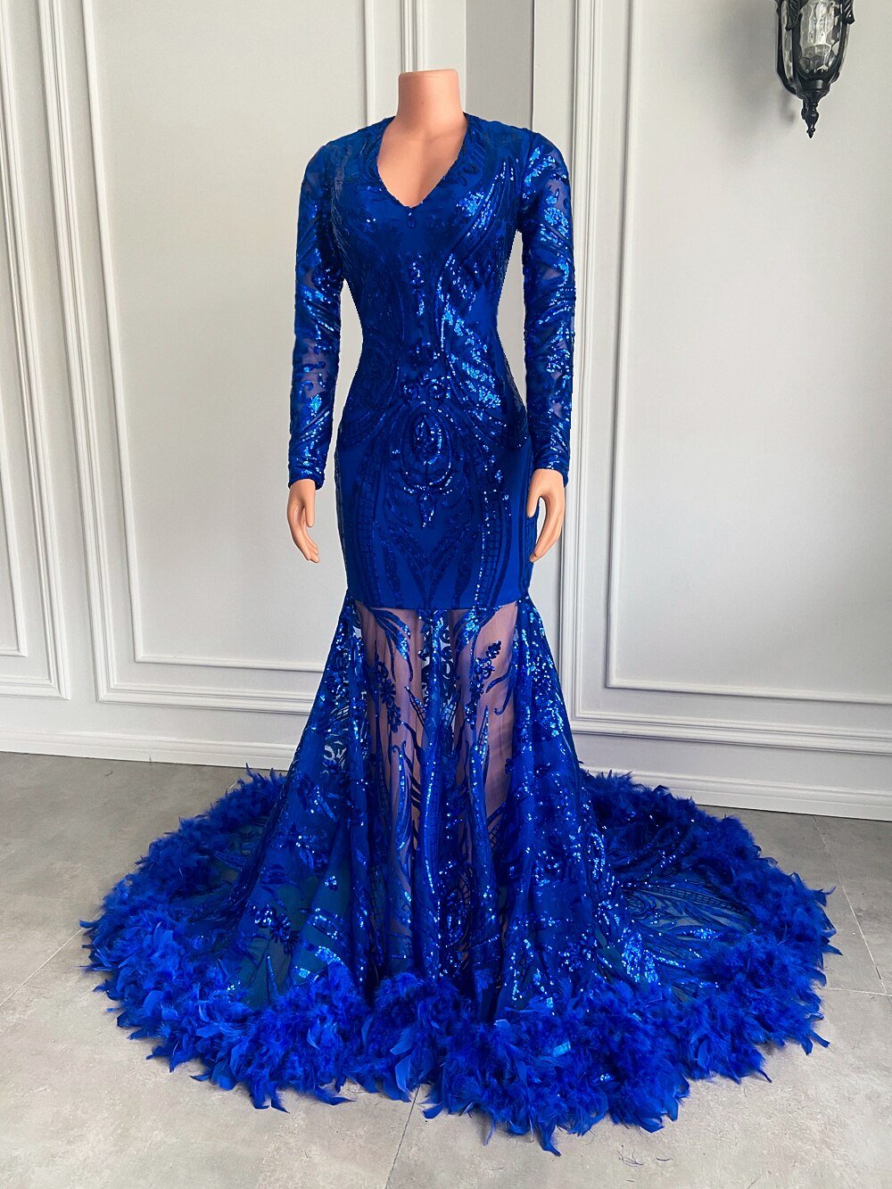 Feather Royal Blue Sequined Feather Prom Gala Party Gowns - LiveTrendsX