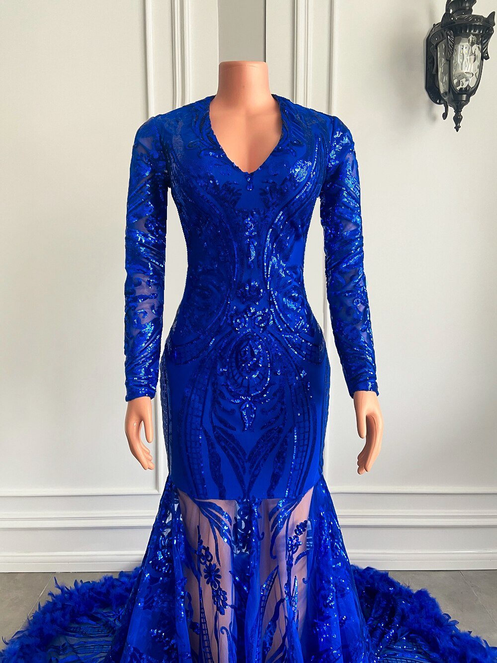 Feather Royal Blue Sequined Feather Prom Gala Party Gowns - LiveTrendsX
