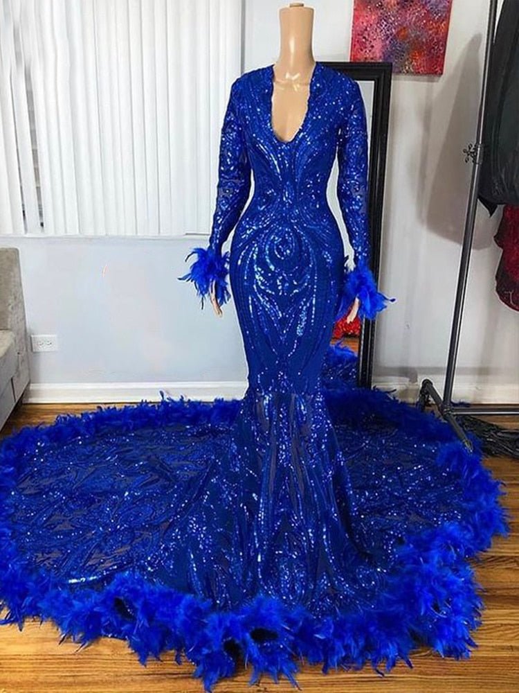 Feather Royal Blue Sequined Feather Prom Gala Party Gowns - LiveTrendsX