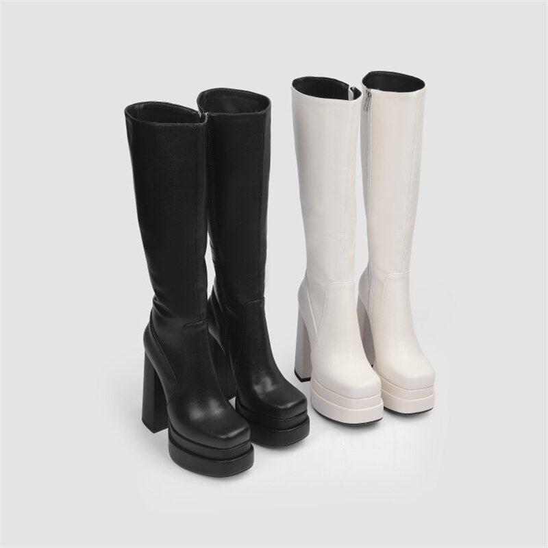 Female Double Layer Platform Square Toe Big Size Boots - LiveTrendsX