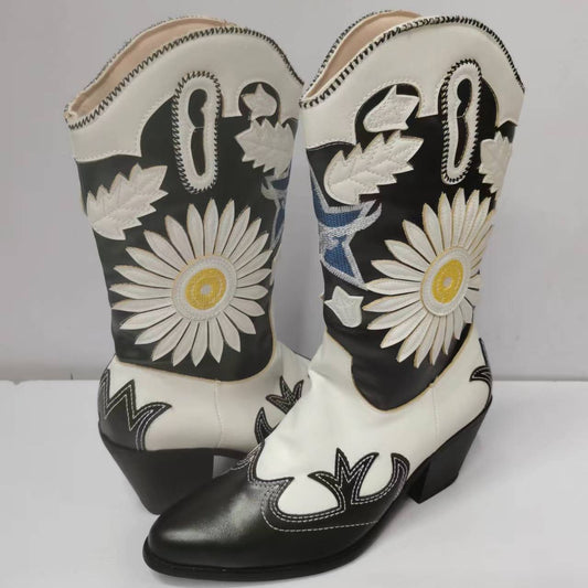 Flower Cowboy Boots Chunky Heels Wedge Women Luxury Shoes - LiveTrendsX