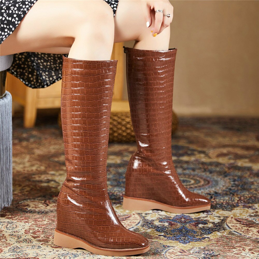 Genuine Leather Wedges High Heel Knee High Motorcycle Boots Female Winter - LiveTrendsX