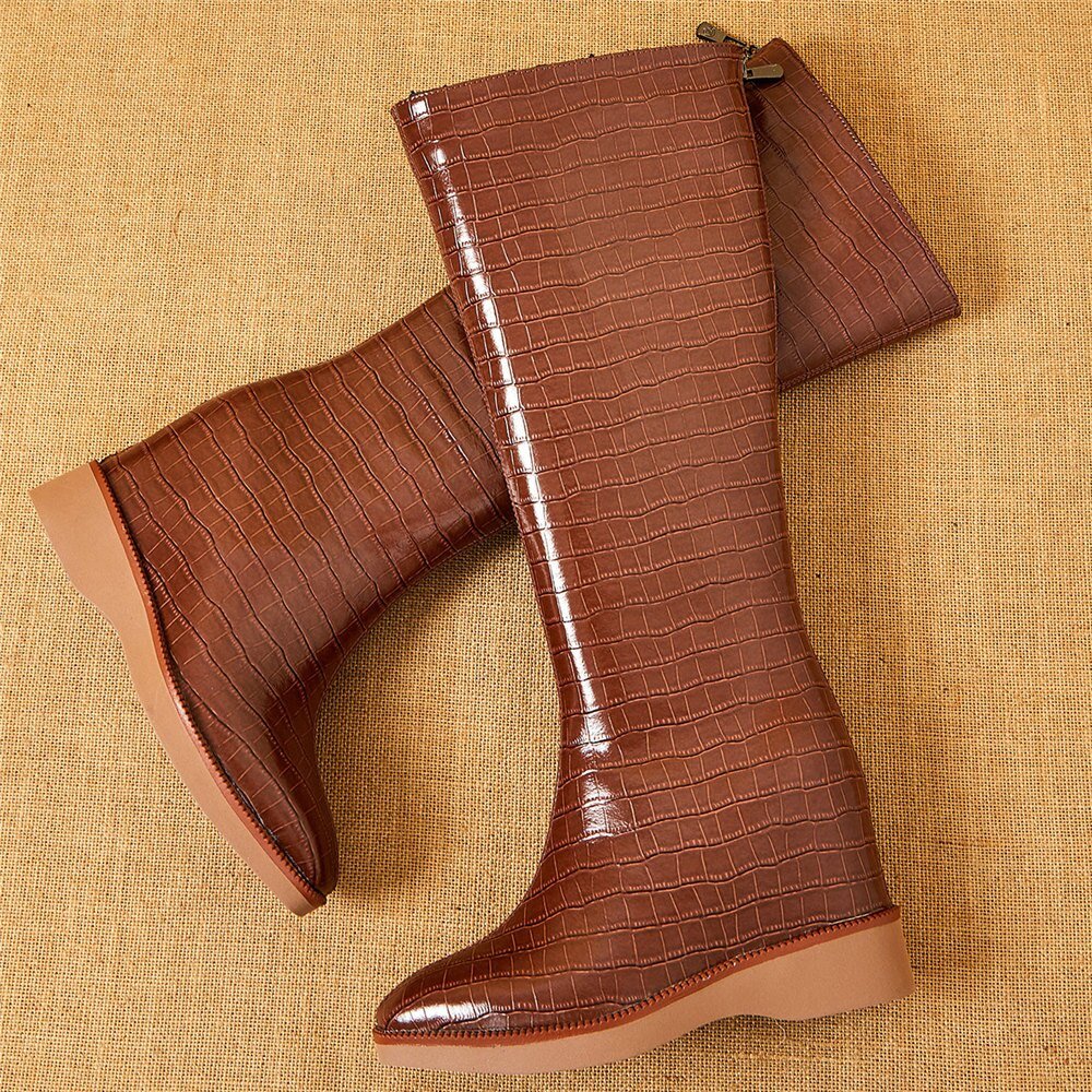 Genuine Leather Wedges High Heel Knee High Motorcycle Boots Female Winter - LiveTrendsX