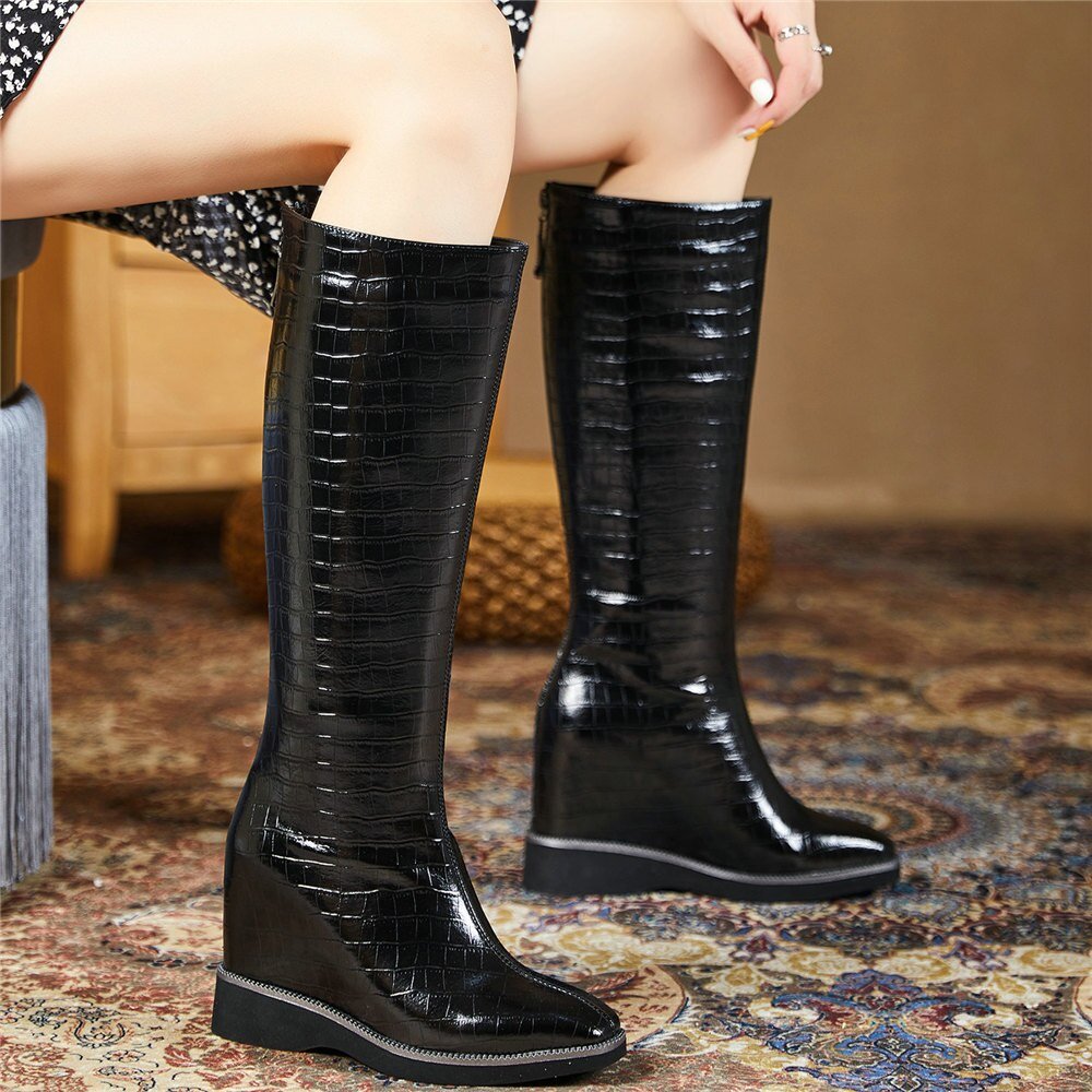 Genuine Leather Wedges High Heel Knee High Motorcycle Boots Female Winter - LiveTrendsX