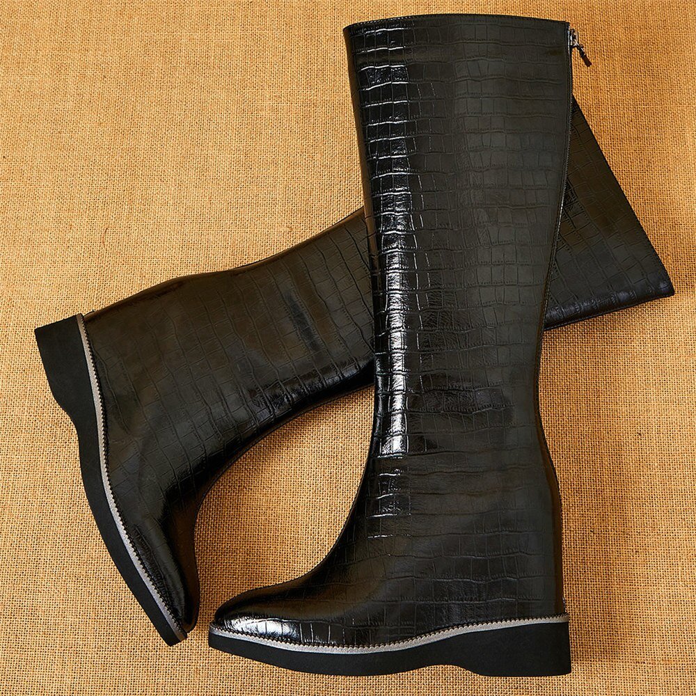 Genuine Leather Wedges High Heel Knee High Motorcycle Boots Female Winter - LiveTrendsX
