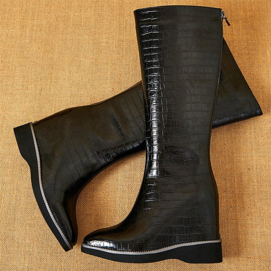 Genuine Leather Wedges High Heel Knee High Motorcycle Boots Female Winter - LiveTrendsX