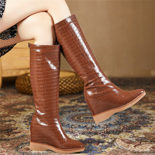 Genuine Leather Wedges High Heel Knee High Motorcycle Boots Female Winter - LiveTrendsX