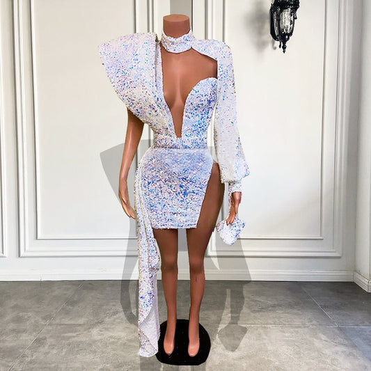 Girls Sparkly White Sequined Short Prom Dresses With Side Train - LiveTrendsX