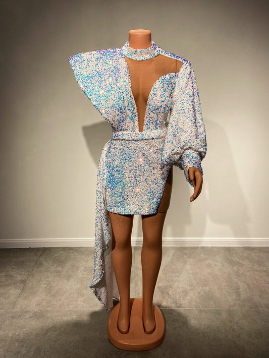 Girls Sparkly White Sequined Short Prom Dresses With Side Train - LiveTrendsX