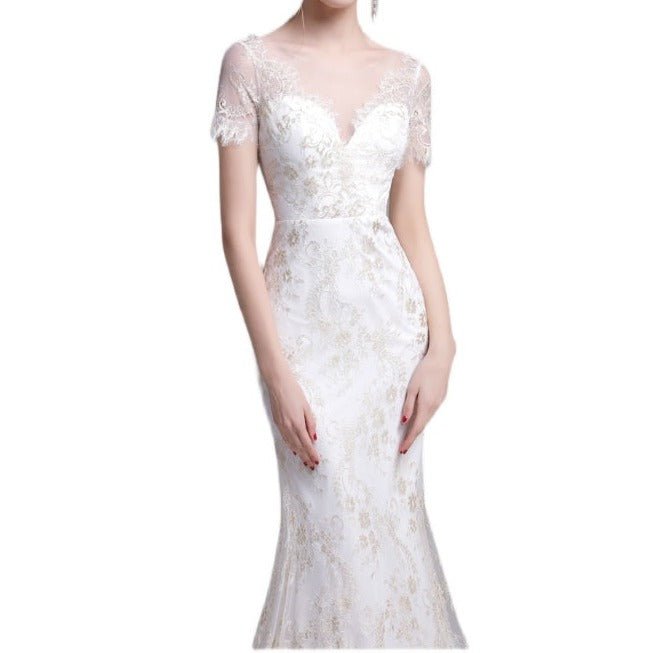 Gold Lace Short Sleeve Package Hip Fishtail Gown - LiveTrendsX