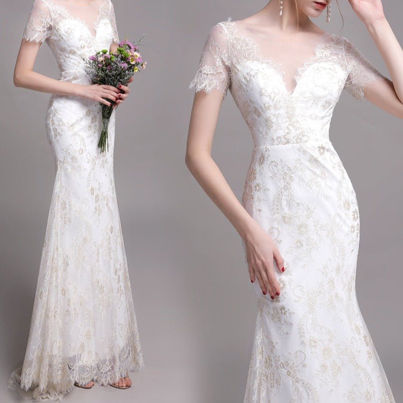 Gold Lace Short Sleeve Package Hip Fishtail Gown - LiveTrendsX