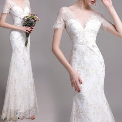 Gold Lace Short Sleeve Package Hip Fishtail Gown - LiveTrendsX