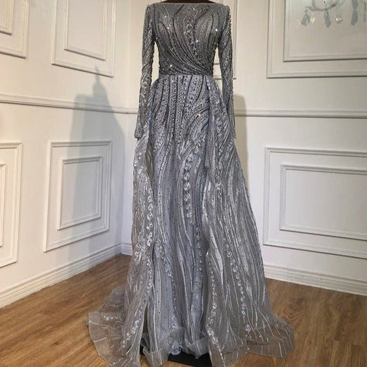Grey Beaded With Overskirt Mermaid Evening Dresses - LiveTrendsX