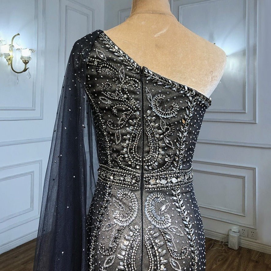 Grey Cape Sleeves Mermaid Luxury Evening Dresses - LiveTrendsX