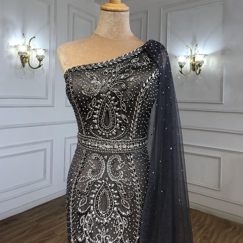 Grey Cape Sleeves Mermaid Luxury Evening Dresses - LiveTrendsX