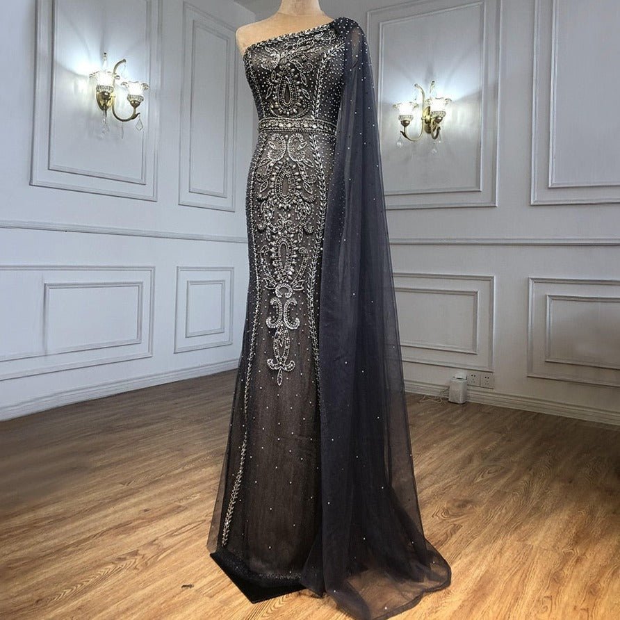 Grey Cape Sleeves Mermaid Luxury Evening Dresses - LiveTrendsX