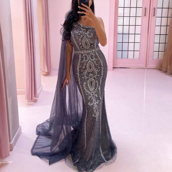 Grey Cape Sleeves Mermaid Luxury Evening Dresses - LiveTrendsX
