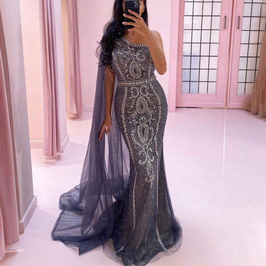 Grey Cape Sleeves Mermaid Luxury Evening Dresses - LiveTrendsX