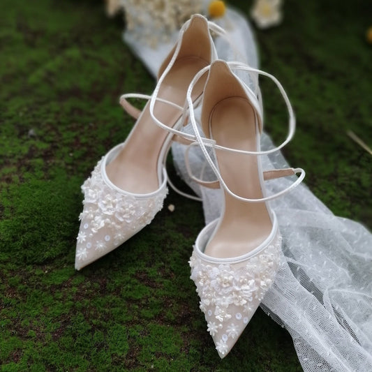 Handmade Girl White Bandage Lady's High Heels Wedding Shoes - LiveTrendsX
