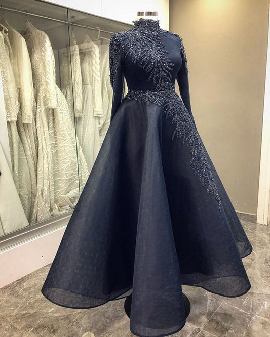 High Neck Beaded Crystals Navy Blue Women Formal Evening Gowns - LiveTrendsX