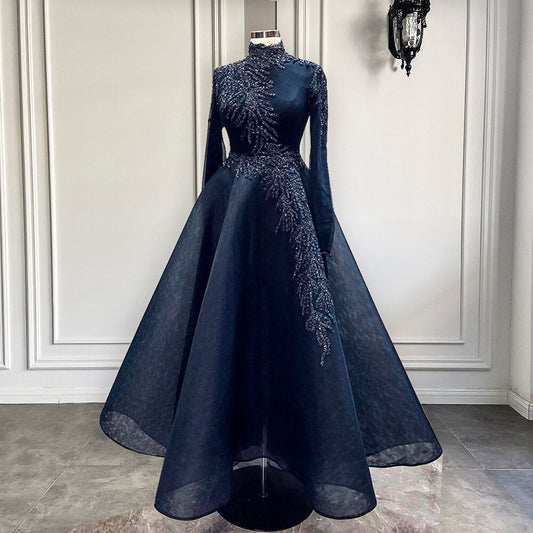 High Neck Beaded Crystals Navy Blue Women Formal Evening Gowns - LiveTrendsX