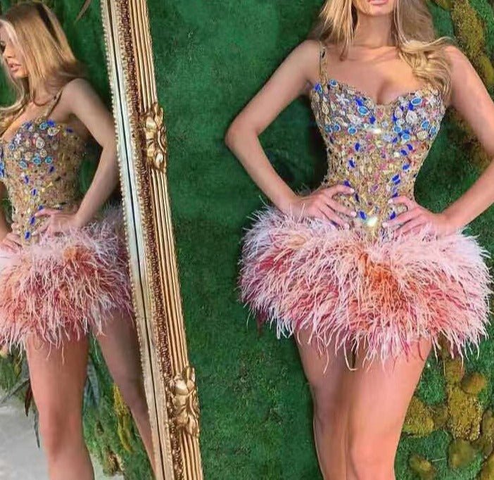 High Neck Feathers Short Prom Luxury Mini Dresses - LiveTrendsX