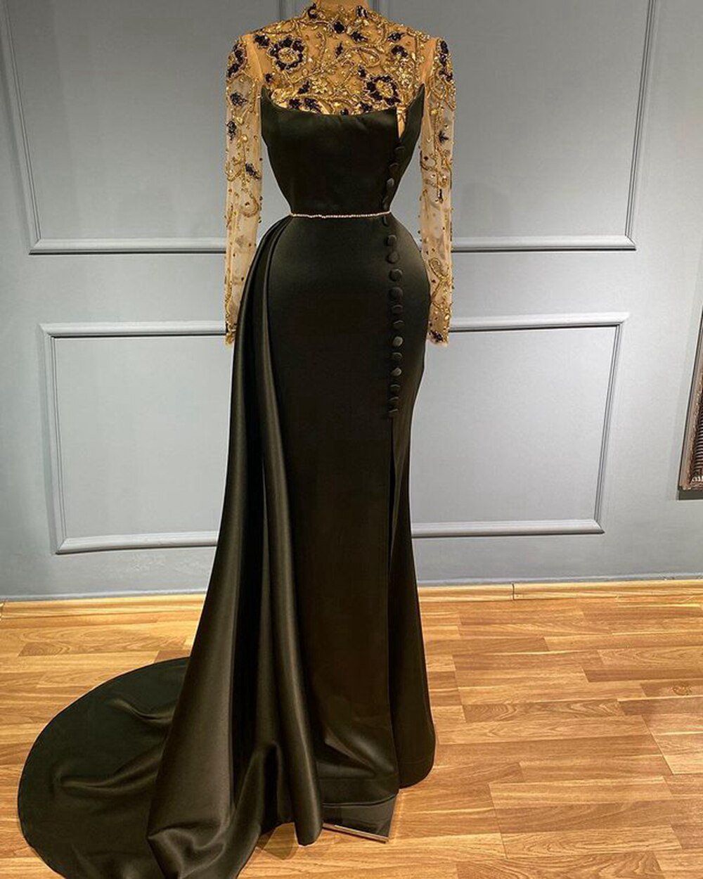 High Neck Gold Beaded Black Satin Women Formal Evening Gowns - LiveTrendsX