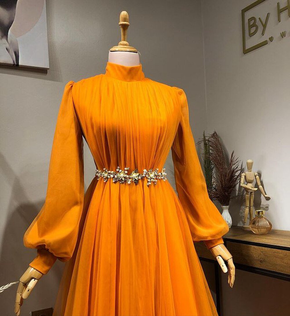 High Neck Long Sleeve Orange Tulle Women Formal Party Gowns - LiveTrendsX