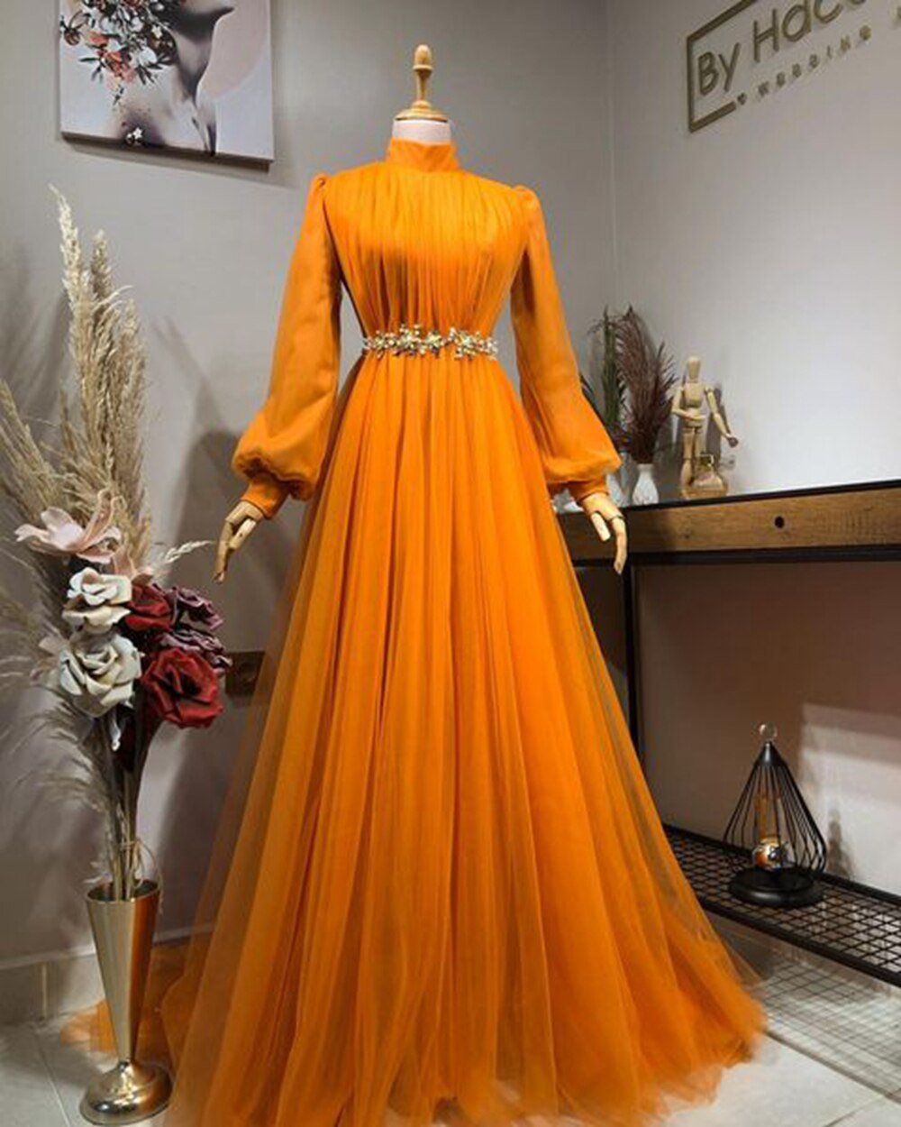 High Neck Long Sleeve Orange Tulle Women Formal Party Gowns - LiveTrendsX