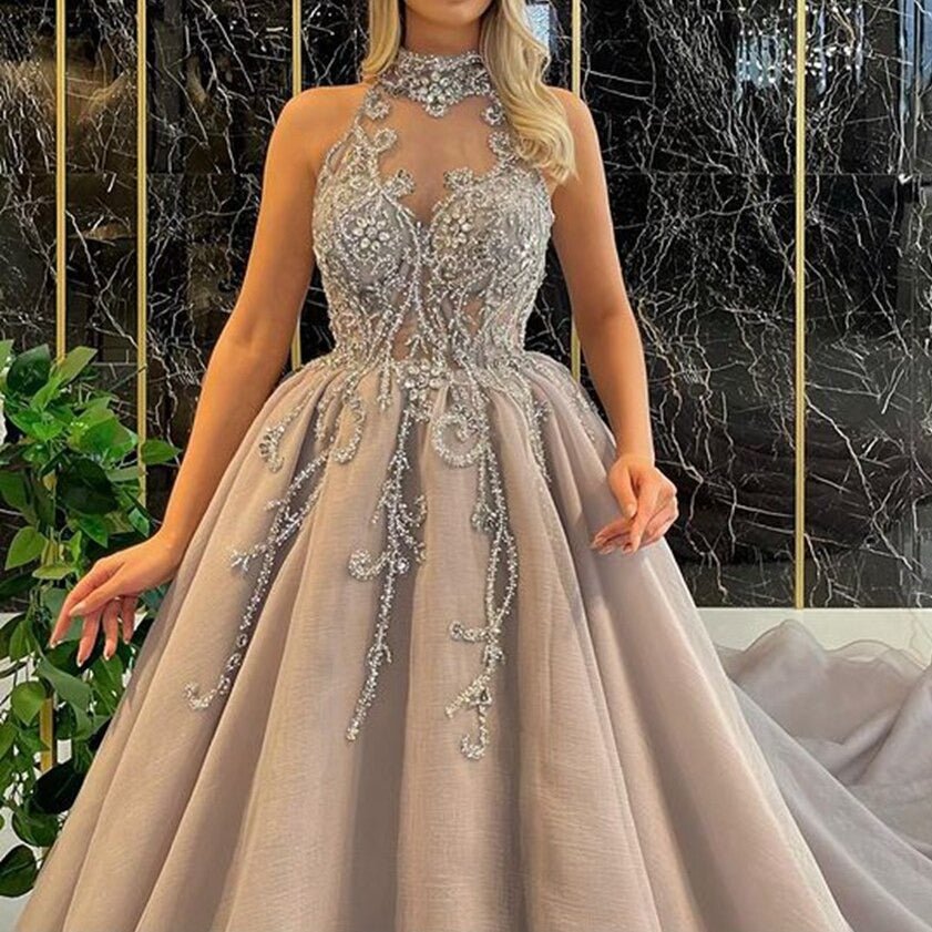 High Neck Luxury Beaded Crystals Puffy Ball Gown - LiveTrendsX