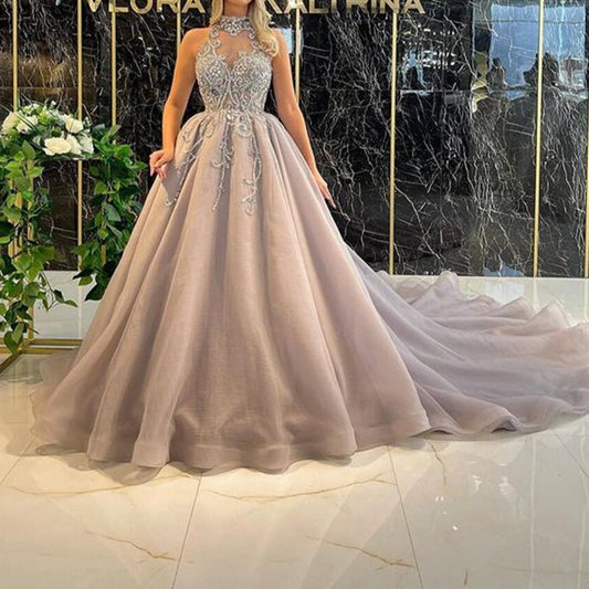 High Neck Luxury Beaded Crystals Puffy Ball Gown - LiveTrendsX