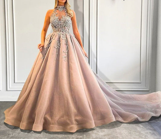 High Neck Luxury Beaded Crystals Puffy Ball Gown - LiveTrendsX