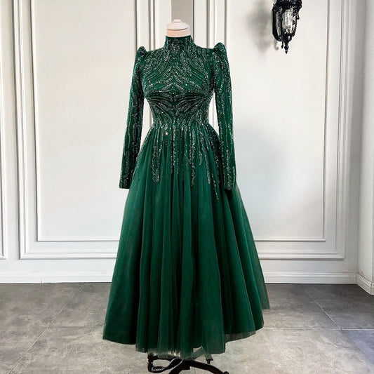 High Neck Luxury Beaded Emerald Green Tulle Women Formal Party Gowns - LiveTrendsX