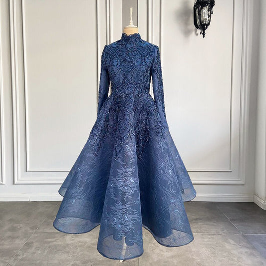 High Neck Luxury Beaded Navy Blue Women Formal Evening Gowns - LiveTrendsX