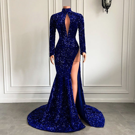 High Neck Side Slit Sparkly Royal Mermaid Prom Gala Party Gowns - LiveTrendsX